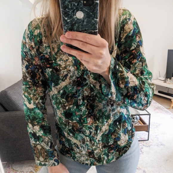 Zara Blouse Jewel Printed Green Dressy Blouse Top - Picture 5 of 7